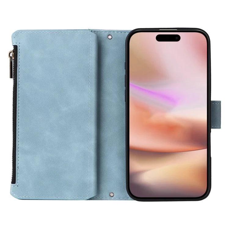 For iPhone 16 Plus Case Zipper Pocket PU Leather Wallet Phone Stand Cover with Strap
