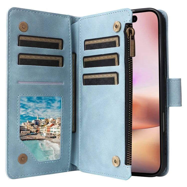 For iPhone 16 Plus Case Zipper Pocket PU Leather Wallet Phone Stand Cover with Strap