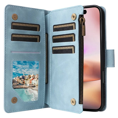 For iPhone 16 Plus Case Zipper Pocket PU Leather Wallet Phone Stand Cover with Strap