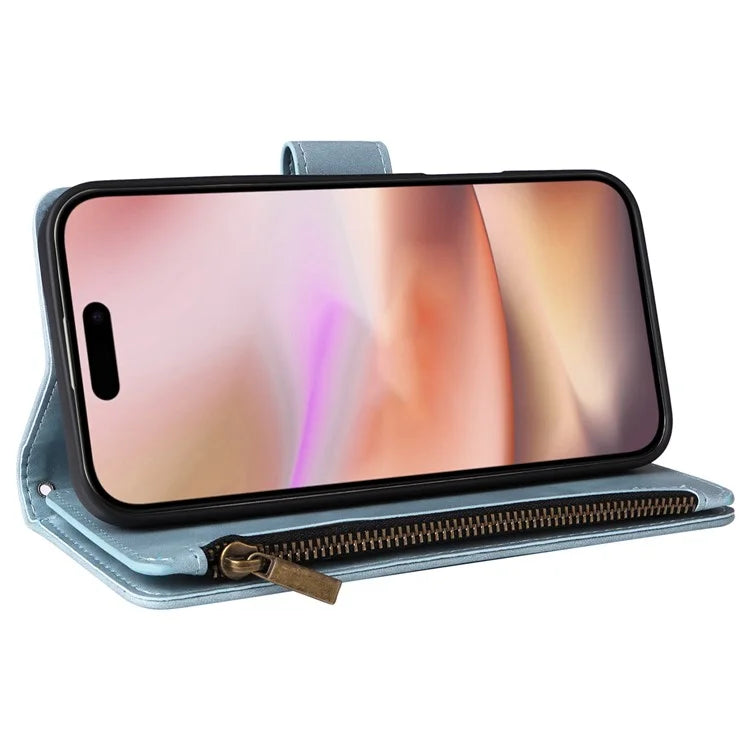 For iPhone 16 Plus Case Zipper Pocket PU Leather Wallet Phone Stand Cover with Strap