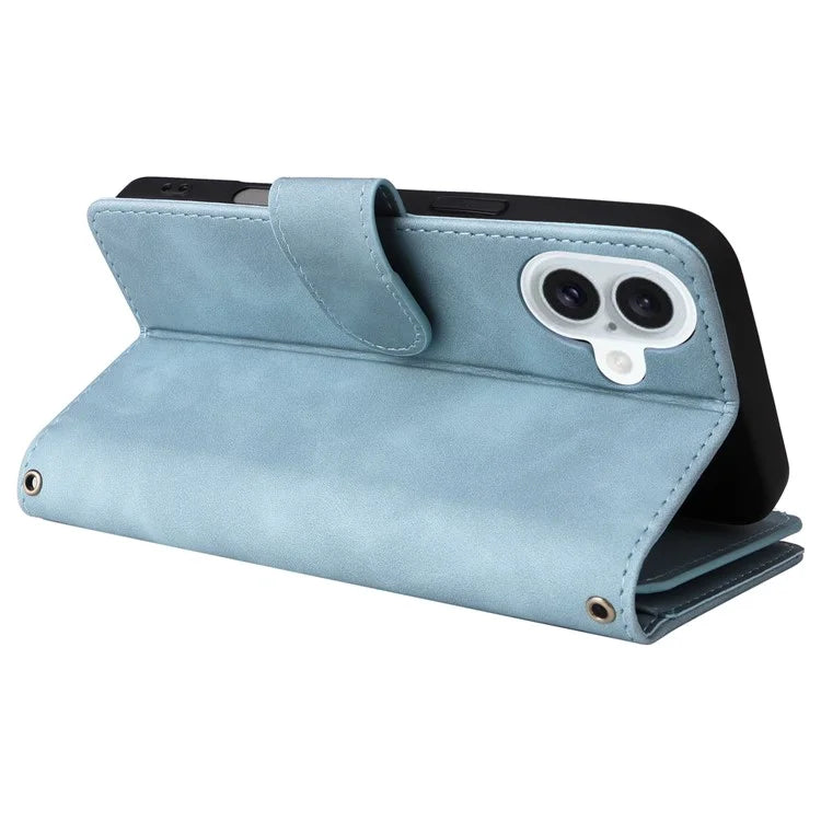 For iPhone 16 Plus Case Zipper Pocket PU Leather Wallet Phone Stand Cover with Strap