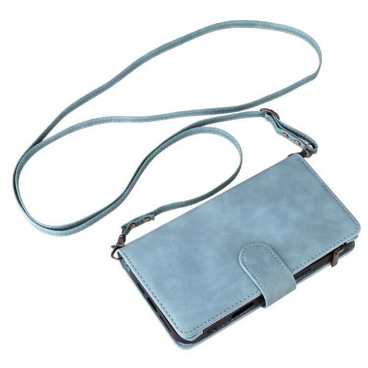 For iPhone 16 Plus Case Zipper Pocket PU Leather Wallet Phone Stand Cover with Strap
