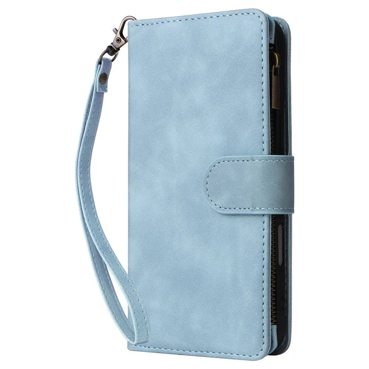 For iPhone 16 Plus Case Zipper Pocket PU Leather Wallet Phone Stand Cover with Strap