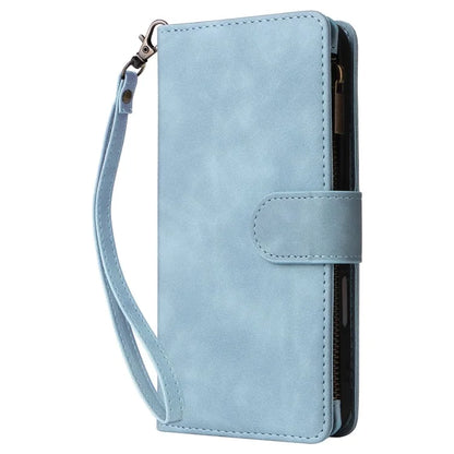 For iPhone 16 Plus Case Zipper Pocket PU Leather Wallet Phone Stand Cover with Strap