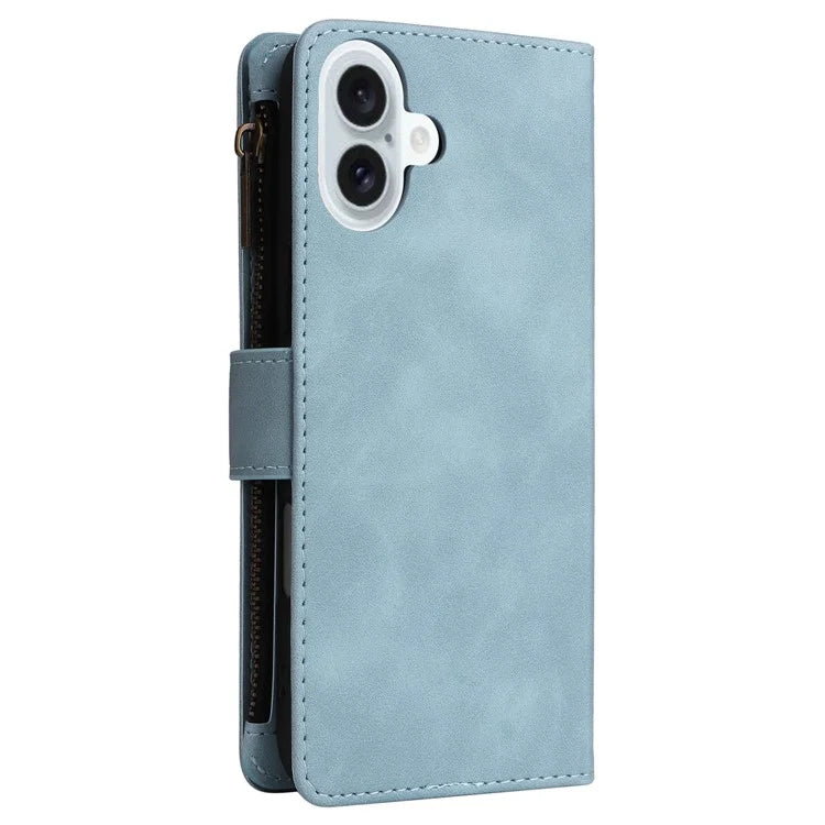 For iPhone 16 Plus Case Zipper Pocket PU Leather Wallet Phone Stand Cover with Strap