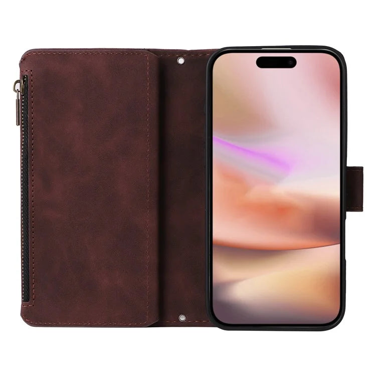 For iPhone 16 Plus Case Zipper Pocket PU Leather Wallet Phone Stand Cover with Strap