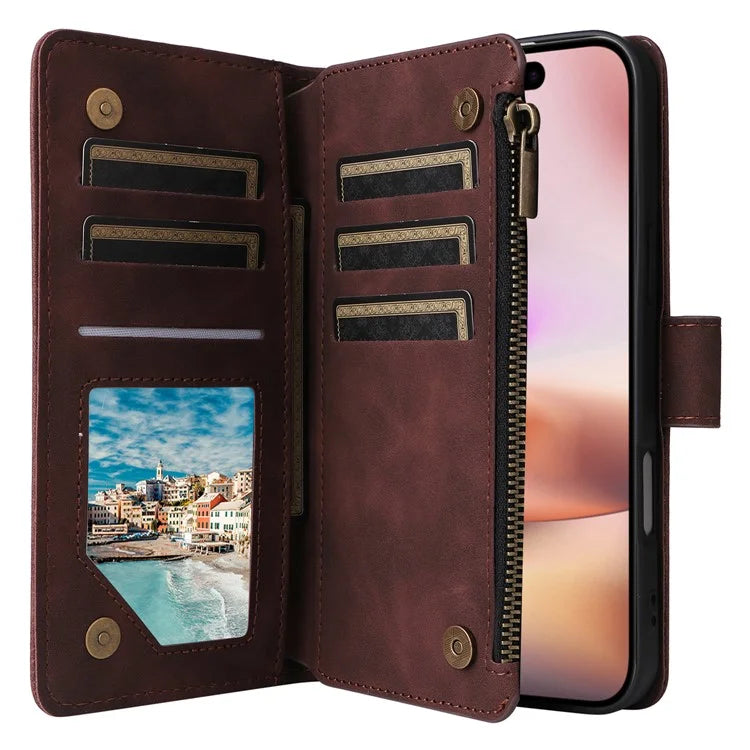 For iPhone 16 Plus Case Zipper Pocket PU Leather Wallet Phone Stand Cover with Strap