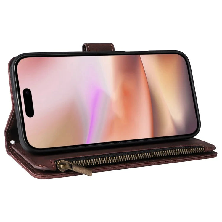 For iPhone 16 Plus Case Zipper Pocket PU Leather Wallet Phone Stand Cover with Strap