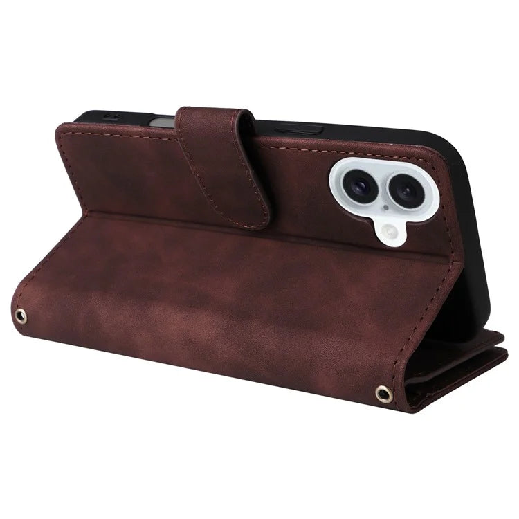 For iPhone 16 Plus Case Zipper Pocket PU Leather Wallet Phone Stand Cover with Strap