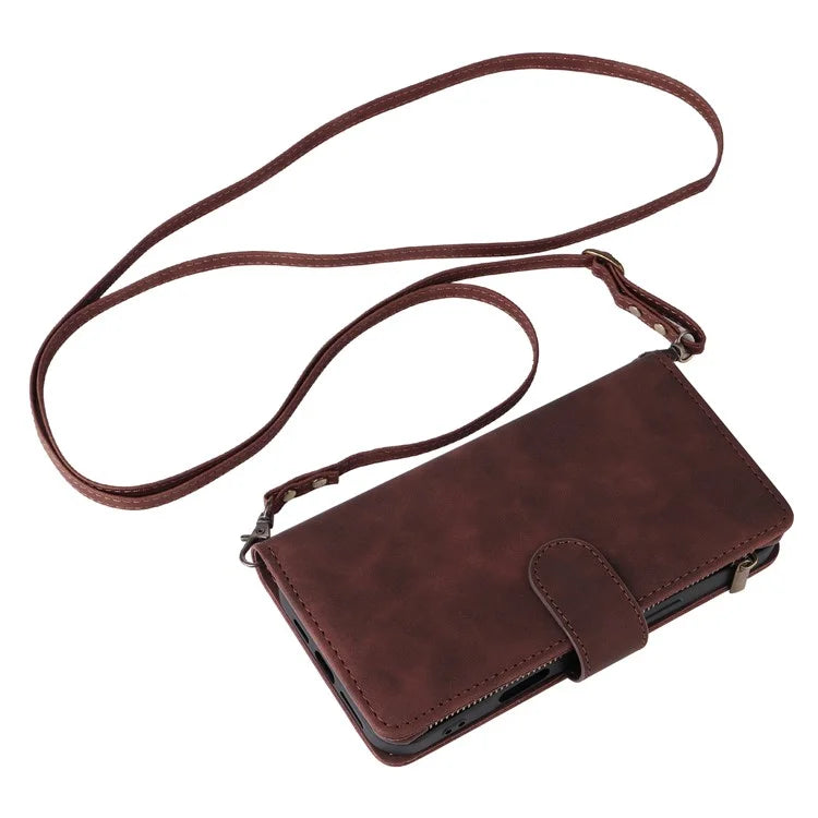 For iPhone 16 Plus Case Zipper Pocket PU Leather Wallet Phone Stand Cover with Strap