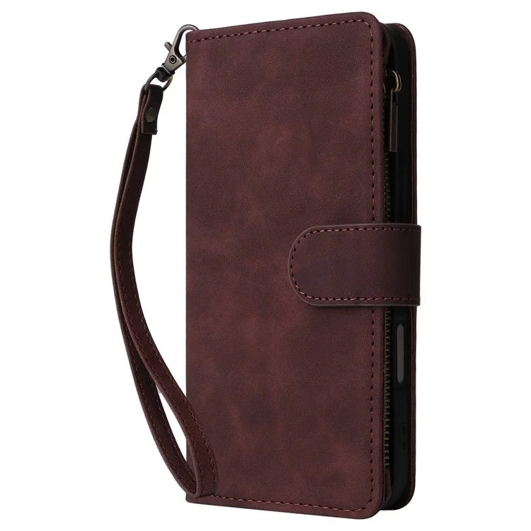 For iPhone 16 Plus Case Zipper Pocket PU Leather Wallet Phone Stand Cover with Strap