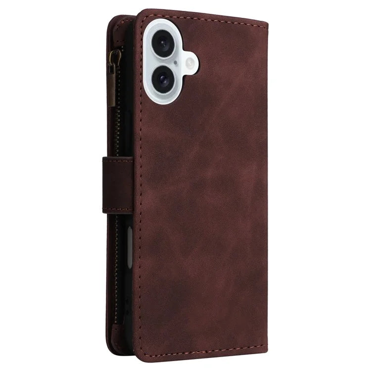 For iPhone 16 Plus Case Zipper Pocket PU Leather Wallet Phone Stand Cover with Strap