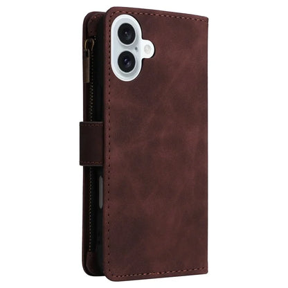 For iPhone 16 Plus Case Zipper Pocket PU Leather Wallet Phone Stand Cover with Strap
