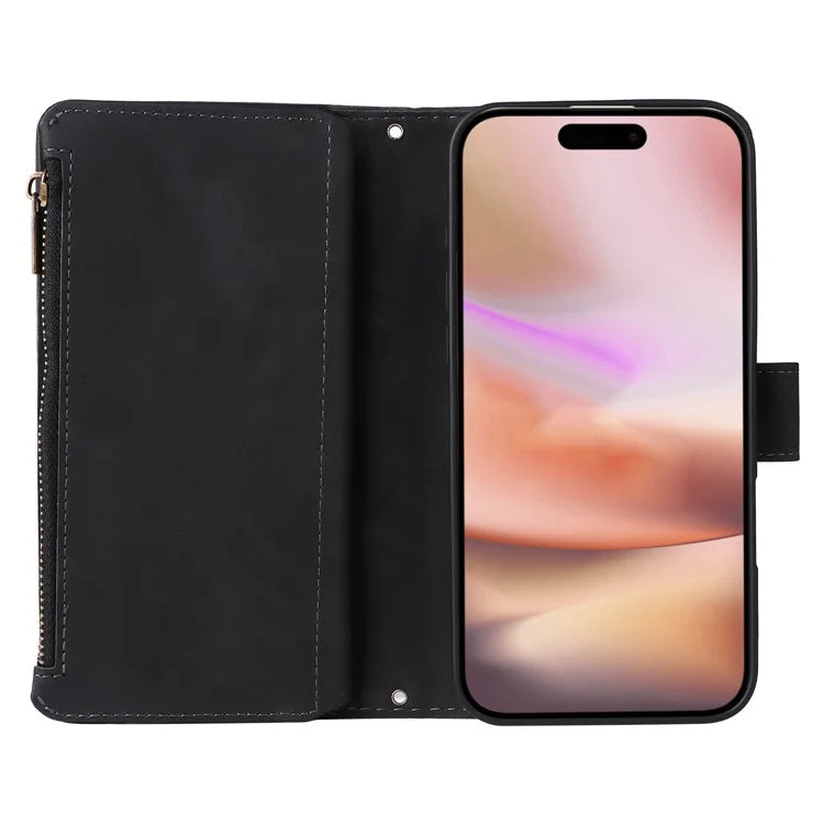 For iPhone 16 Plus Case Zipper Pocket PU Leather Wallet Phone Stand Cover with Strap