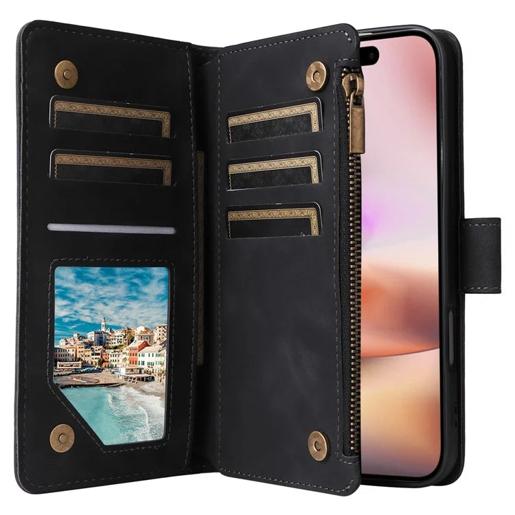 For iPhone 16 Plus Case Zipper Pocket PU Leather Wallet Phone Stand Cover with Strap