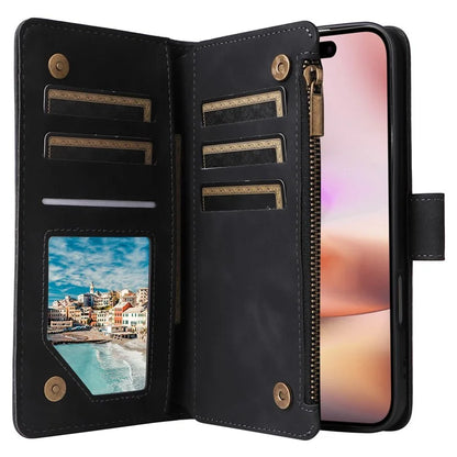 For iPhone 16 Plus Case Zipper Pocket PU Leather Wallet Phone Stand Cover with Strap
