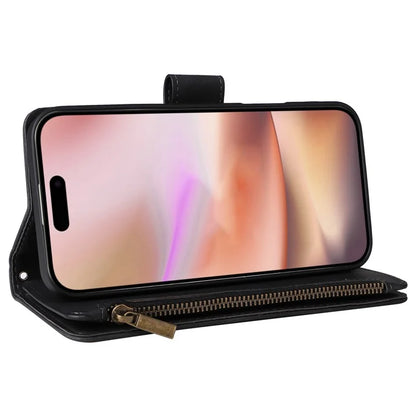 For iPhone 16 Plus Case Zipper Pocket PU Leather Wallet Phone Stand Cover with Strap