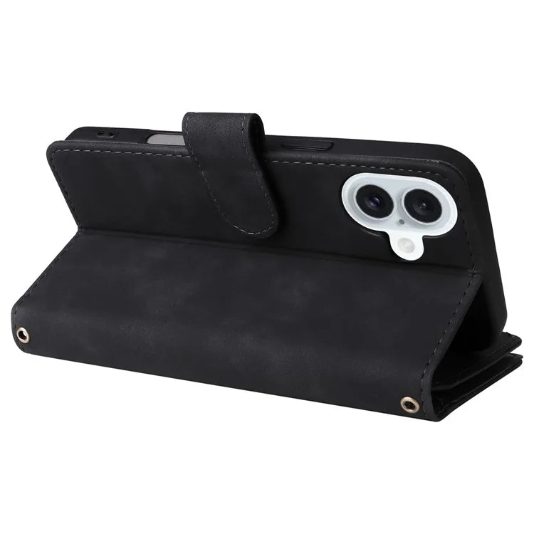 For iPhone 16 Plus Case Zipper Pocket PU Leather Wallet Phone Stand Cover with Strap