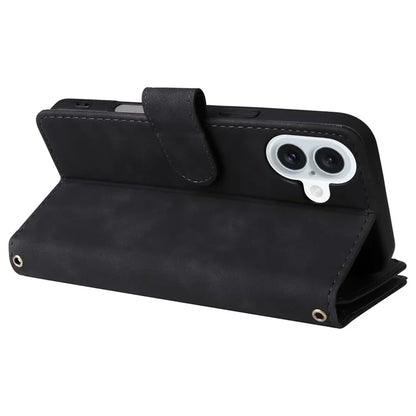 For iPhone 16 Plus Case Zipper Pocket PU Leather Wallet Phone Stand Cover with Strap
