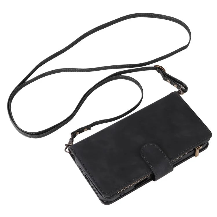For iPhone 16 Plus Case Zipper Pocket PU Leather Wallet Phone Stand Cover with Strap