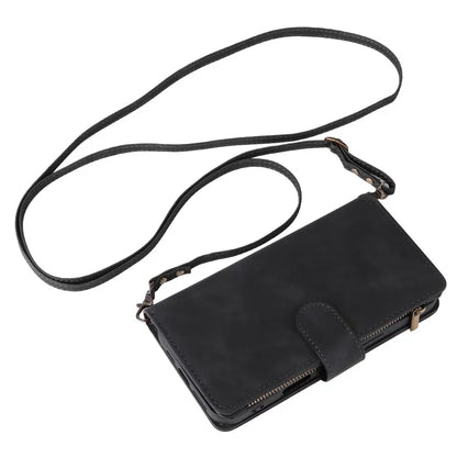 For iPhone 16 Plus Case Zipper Pocket PU Leather Wallet Phone Stand Cover with Strap