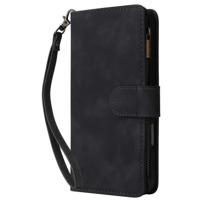 For iPhone 16 Plus Case Zipper Pocket PU Leather Wallet Phone Stand Cover with Strap