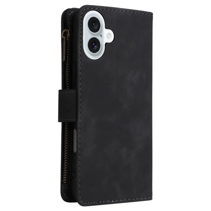For iPhone 16 Plus Case Zipper Pocket PU Leather Wallet Phone Stand Cover with Strap