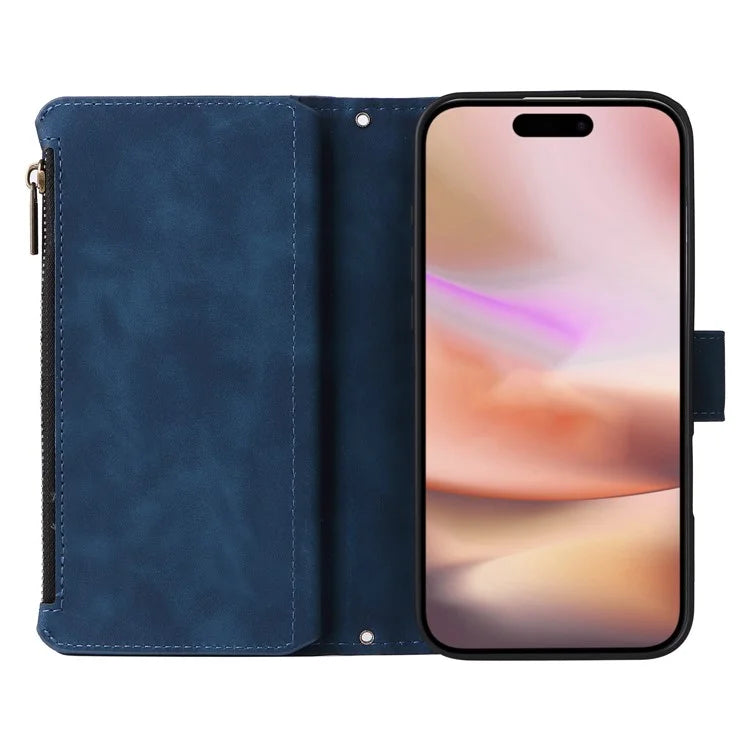 For iPhone 16 Plus Case Zipper Pocket PU Leather Wallet Phone Stand Cover with Strap
