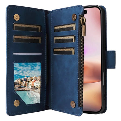 For iPhone 16 Plus Case Zipper Pocket PU Leather Wallet Phone Stand Cover with Strap