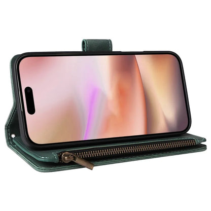 For iPhone 16 Plus Case Zipper Pocket PU Leather Wallet Phone Stand Cover with Strap