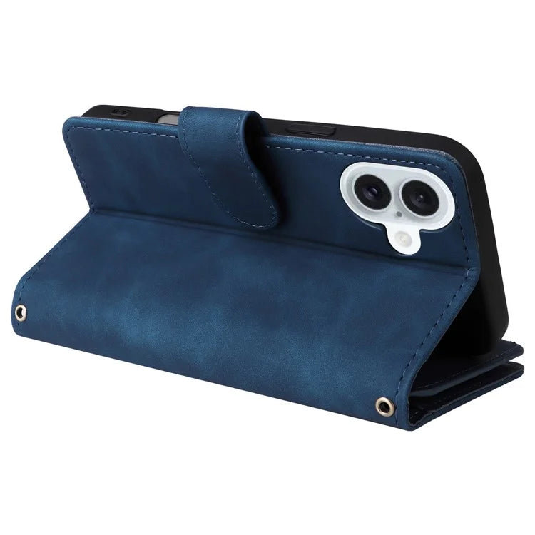 For iPhone 16 Plus Case Zipper Pocket PU Leather Wallet Phone Stand Cover with Strap