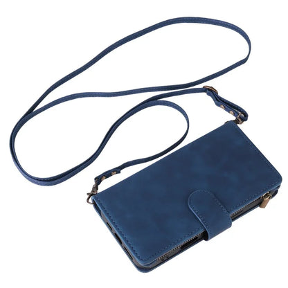 For iPhone 16 Plus Case Zipper Pocket PU Leather Wallet Phone Stand Cover with Strap