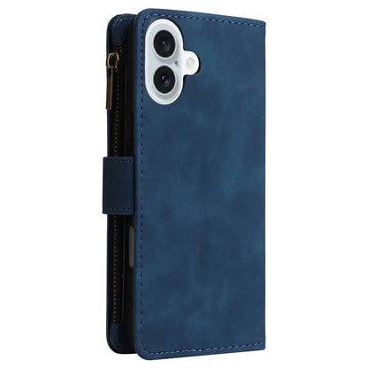 For iPhone 16 Plus Case Zipper Pocket PU Leather Wallet Phone Stand Cover with Strap