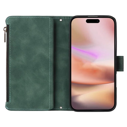 For iPhone 16 Plus Case Zipper Pocket PU Leather Wallet Phone Stand Cover with Strap