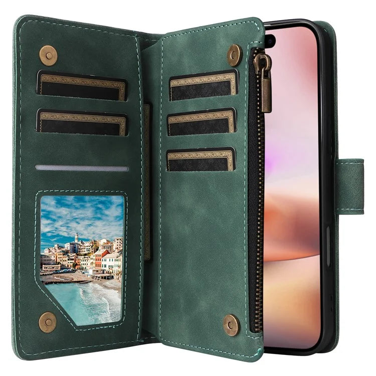For iPhone 16 Plus Case Zipper Pocket PU Leather Wallet Phone Stand Cover with Strap