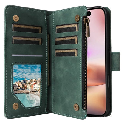 For iPhone 16 Plus Case Zipper Pocket PU Leather Wallet Phone Stand Cover with Strap