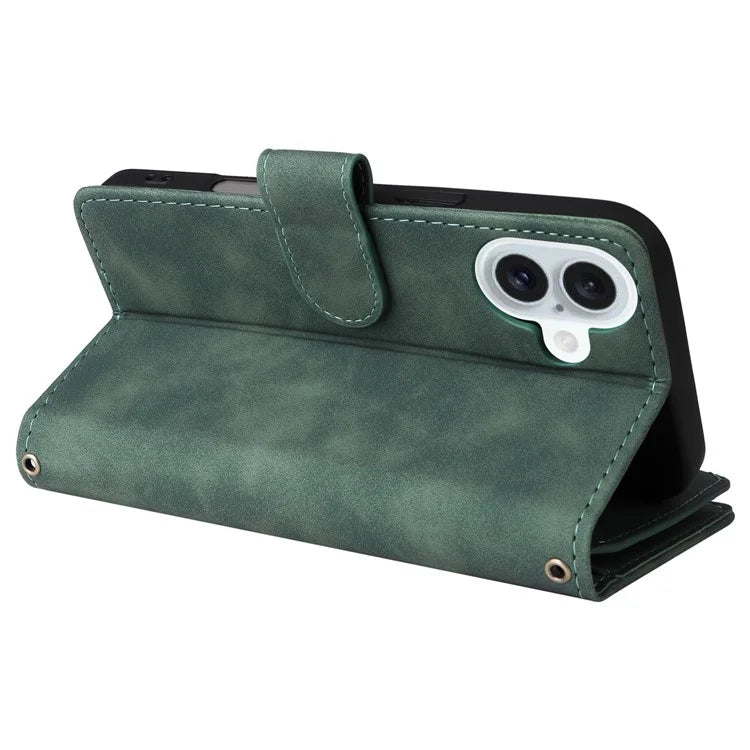 For iPhone 16 Plus Case Zipper Pocket PU Leather Wallet Phone Stand Cover with Strap