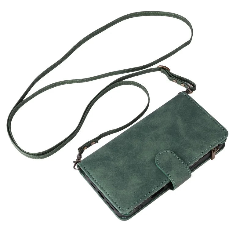 For iPhone 16 Plus Case Zipper Pocket PU Leather Wallet Phone Stand Cover with Strap