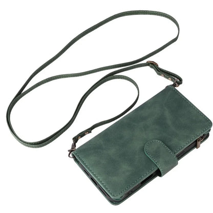 For iPhone 16 Plus Case Zipper Pocket PU Leather Wallet Phone Stand Cover with Strap