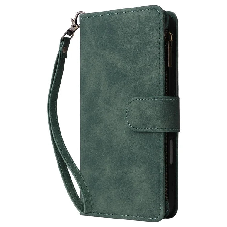 For iPhone 16 Plus Case Zipper Pocket PU Leather Wallet Phone Stand Cover with Strap
