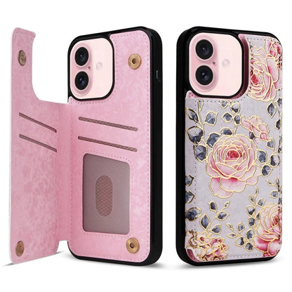For iPhone 16 Case Flower Leather+TPU Phone Cover RFID Blocking Card Slots