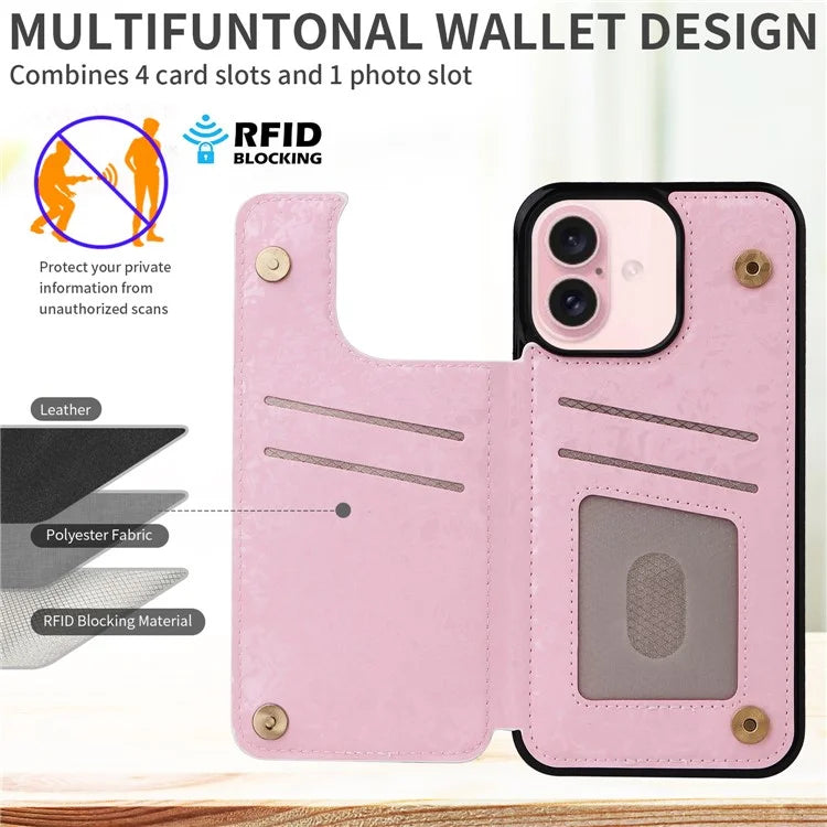 For iPhone 16 Case Flower Leather+TPU Phone Cover RFID Blocking Card Slots