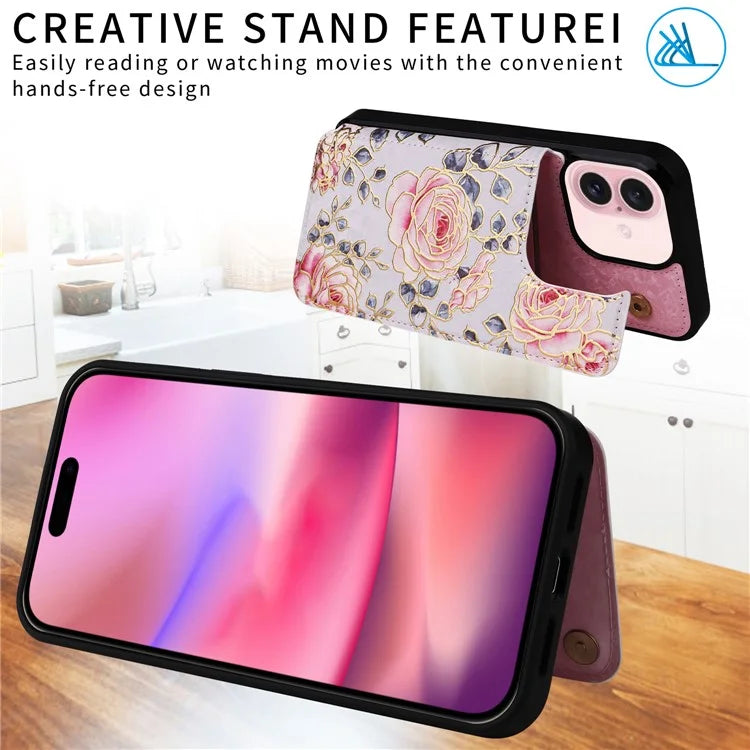 For iPhone 16 Case Flower Leather+TPU Phone Cover RFID Blocking Card Slots