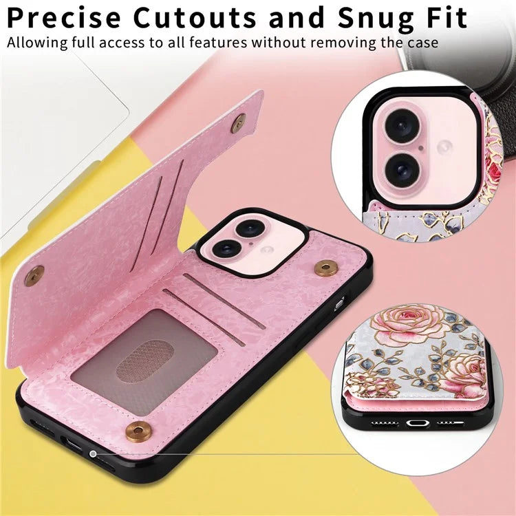 For iPhone 16 Case Flower Leather+TPU Phone Cover RFID Blocking Card Slots