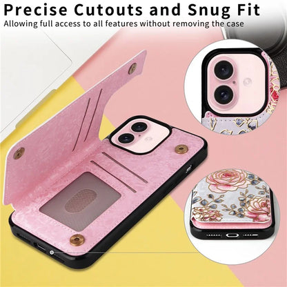 For iPhone 16 Case Flower Leather+TPU Phone Cover RFID Blocking Card Slots
