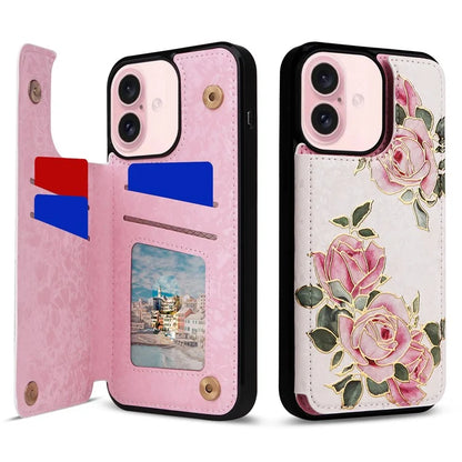 For iPhone 16 Case Flower Leather+TPU Phone Cover RFID Blocking Card Slots