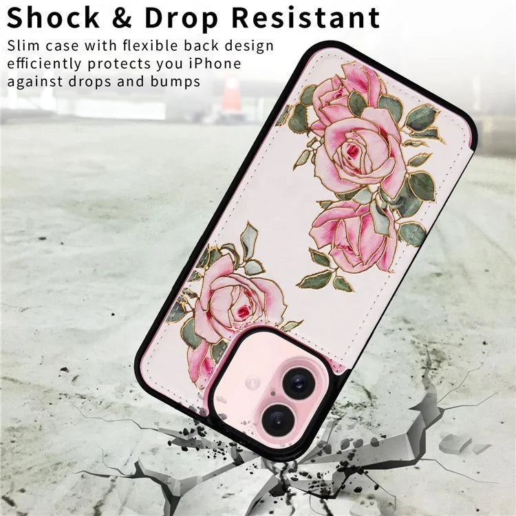 For iPhone 16 Case Flower Leather+TPU Phone Cover RFID Blocking Card Slots