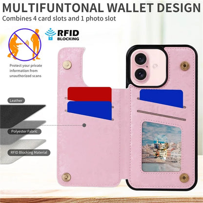 For iPhone 16 Case Flower Leather+TPU Phone Cover RFID Blocking Card Slots
