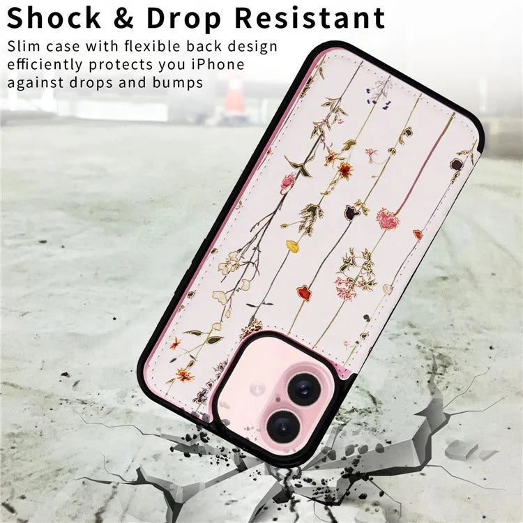 For iPhone 16 Case Flower Leather+TPU Phone Cover RFID Blocking Card Slots