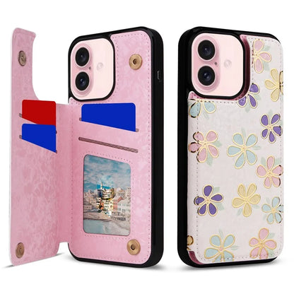 For iPhone 16 Case Flower Leather+TPU Phone Cover RFID Blocking Card Slots